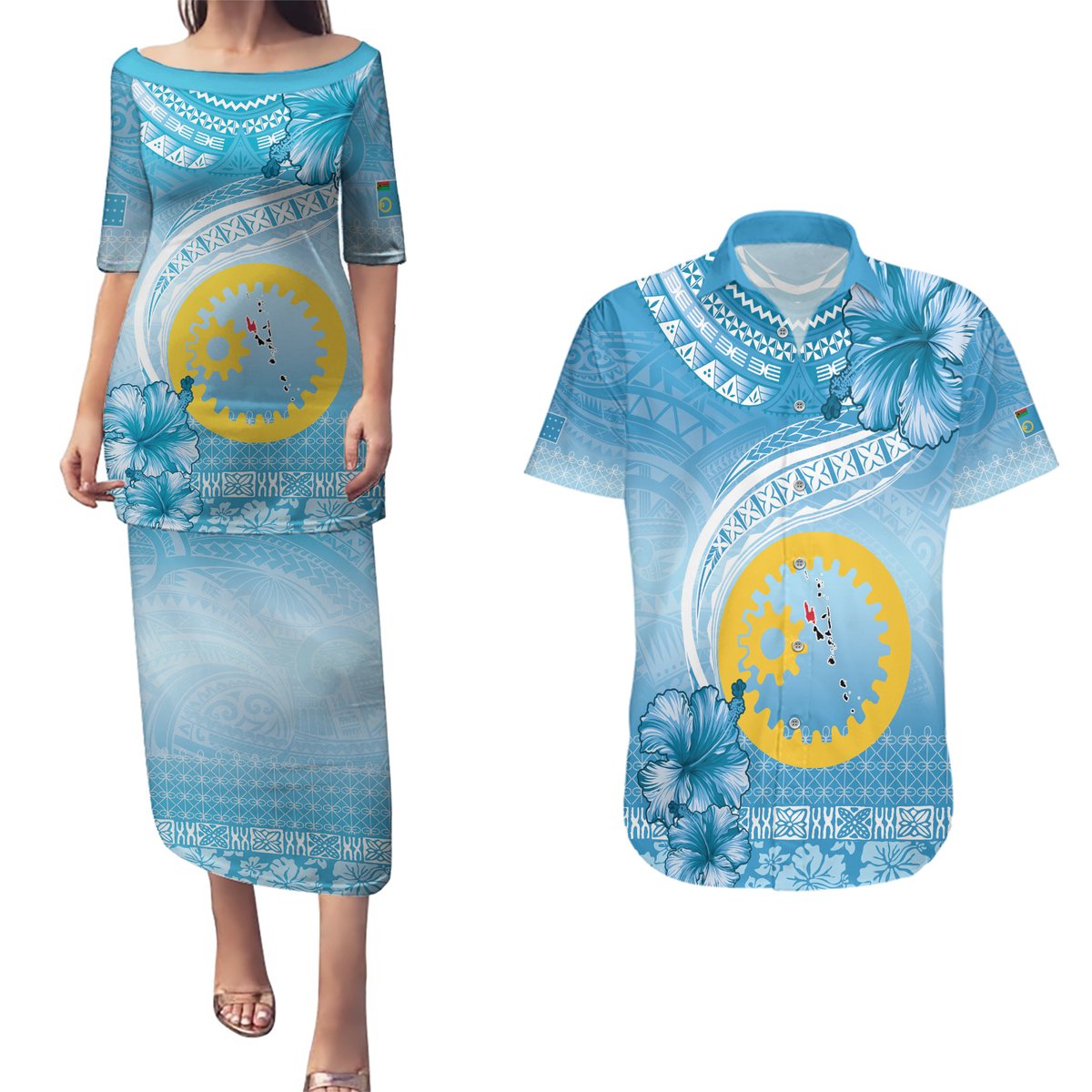 Sanma Vanuatu Couples Matching Puletasi and Hawaiian Shirt Hibiscus Sand Drawing with Pacific Pattern