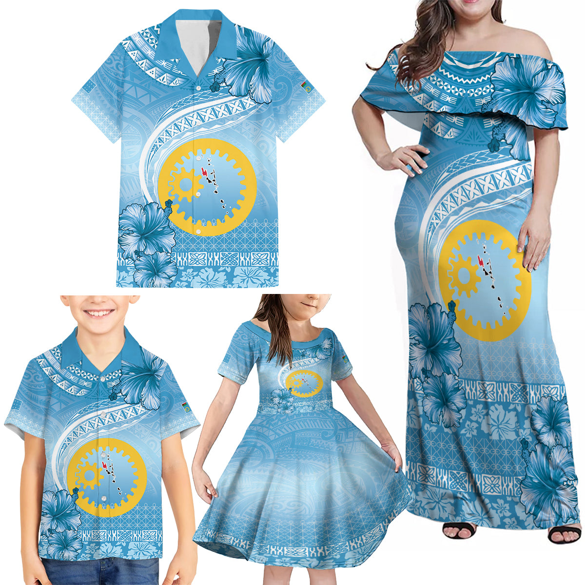 Sanma Vanuatu Family Matching Off Shoulder Maxi Dress and Hawaiian Shirt Hibiscus Sand Drawing with Pacific Pattern LT9 - Polynesian Pride