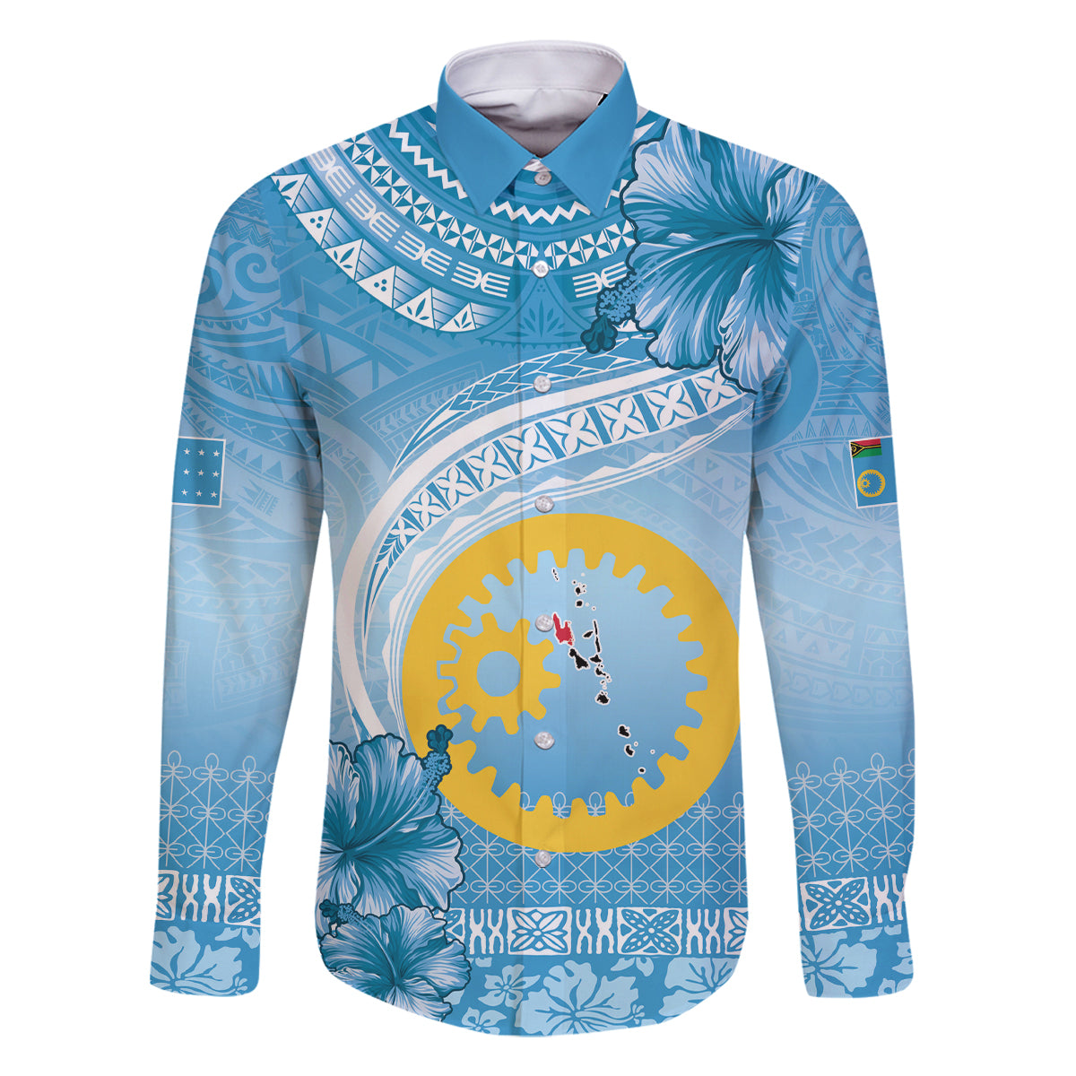 Sanma Vanuatu Family Matching Off Shoulder Maxi Dress and Hawaiian Shirt Hibiscus Sand Drawing with Pacific Pattern LT9 Dad's Shirt - Long Sleeve Blue Art - Polynesian Pride
