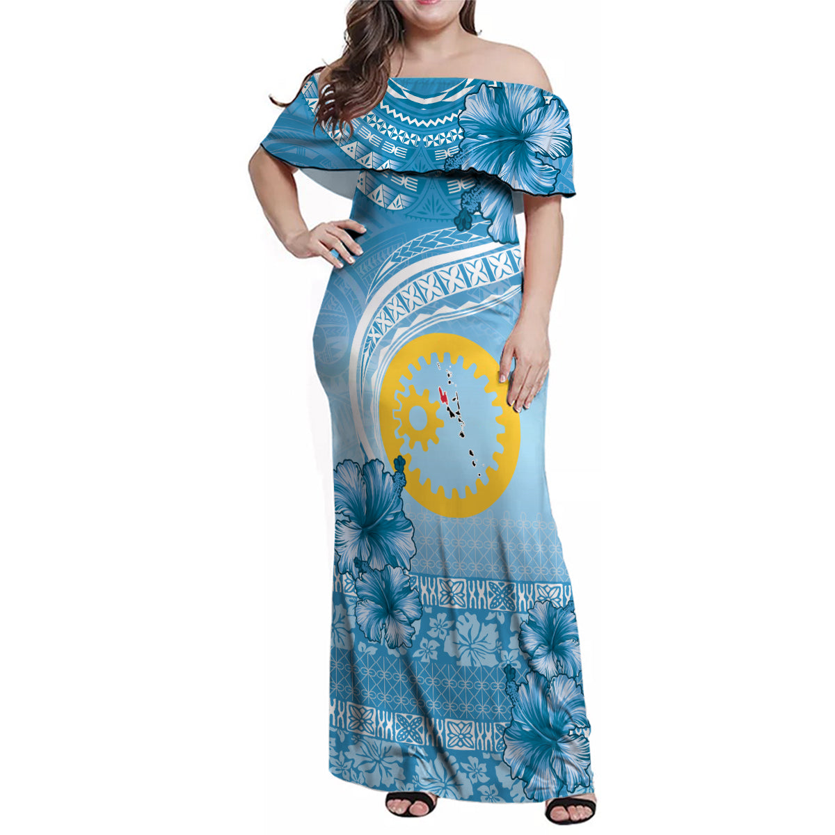 Sanma Vanuatu Family Matching Off Shoulder Maxi Dress and Hawaiian Shirt Hibiscus Sand Drawing with Pacific Pattern LT9 Mom's Dress Blue Art - Polynesian Pride