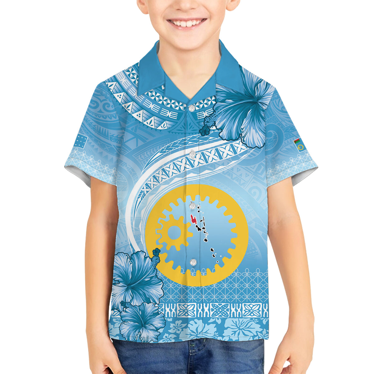 Sanma Vanuatu Family Matching Off Shoulder Maxi Dress and Hawaiian Shirt Hibiscus Sand Drawing with Pacific Pattern LT9 Son's Shirt Blue Art - Polynesian Pride