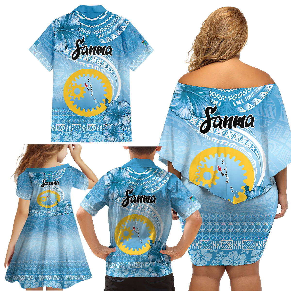 Sanma Vanuatu Family Matching Off Shoulder Short Dress and Hawaiian Shirt Hibiscus Sand Drawing with Pacific Pattern LT9 - Polynesian Pride