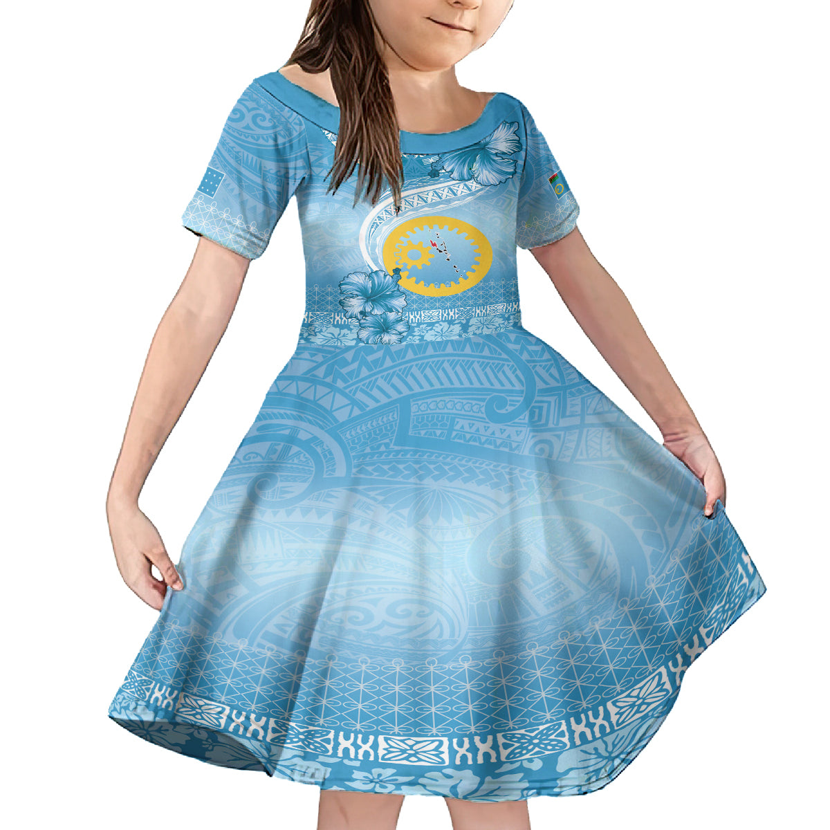 Sanma Vanuatu Family Matching Summer Maxi Dress and Hawaiian Shirt Hibiscus Sand Drawing with Pacific Pattern LT9 Daughter's Dress Blue Art - Polynesian Pride