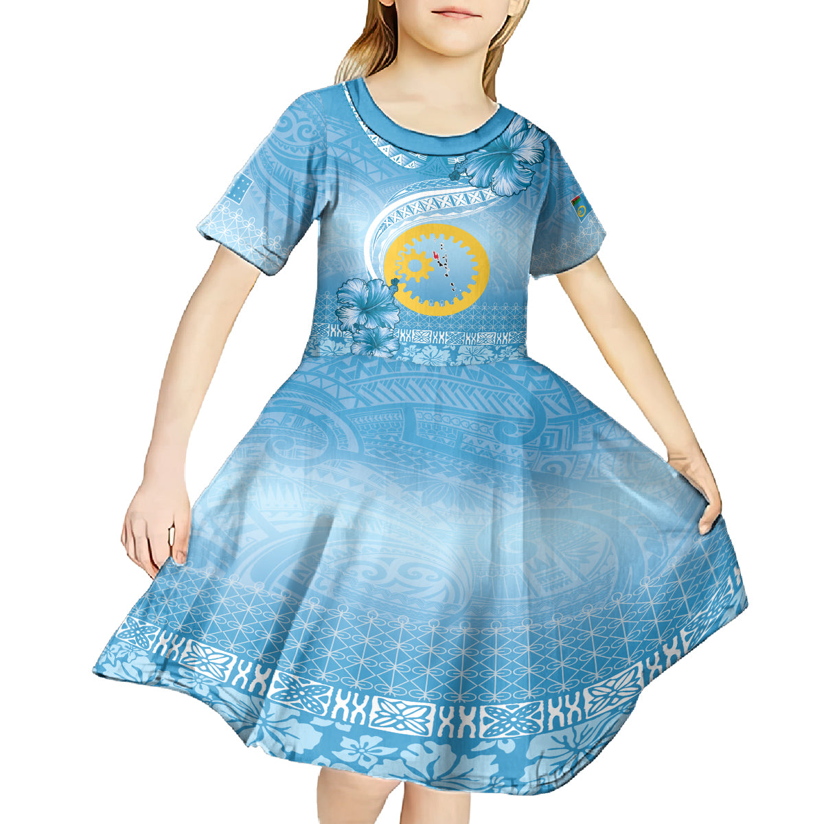 Sanma Vanuatu Kid Short Sleeve Dress Hibiscus Sand Drawing with Pacific Pattern