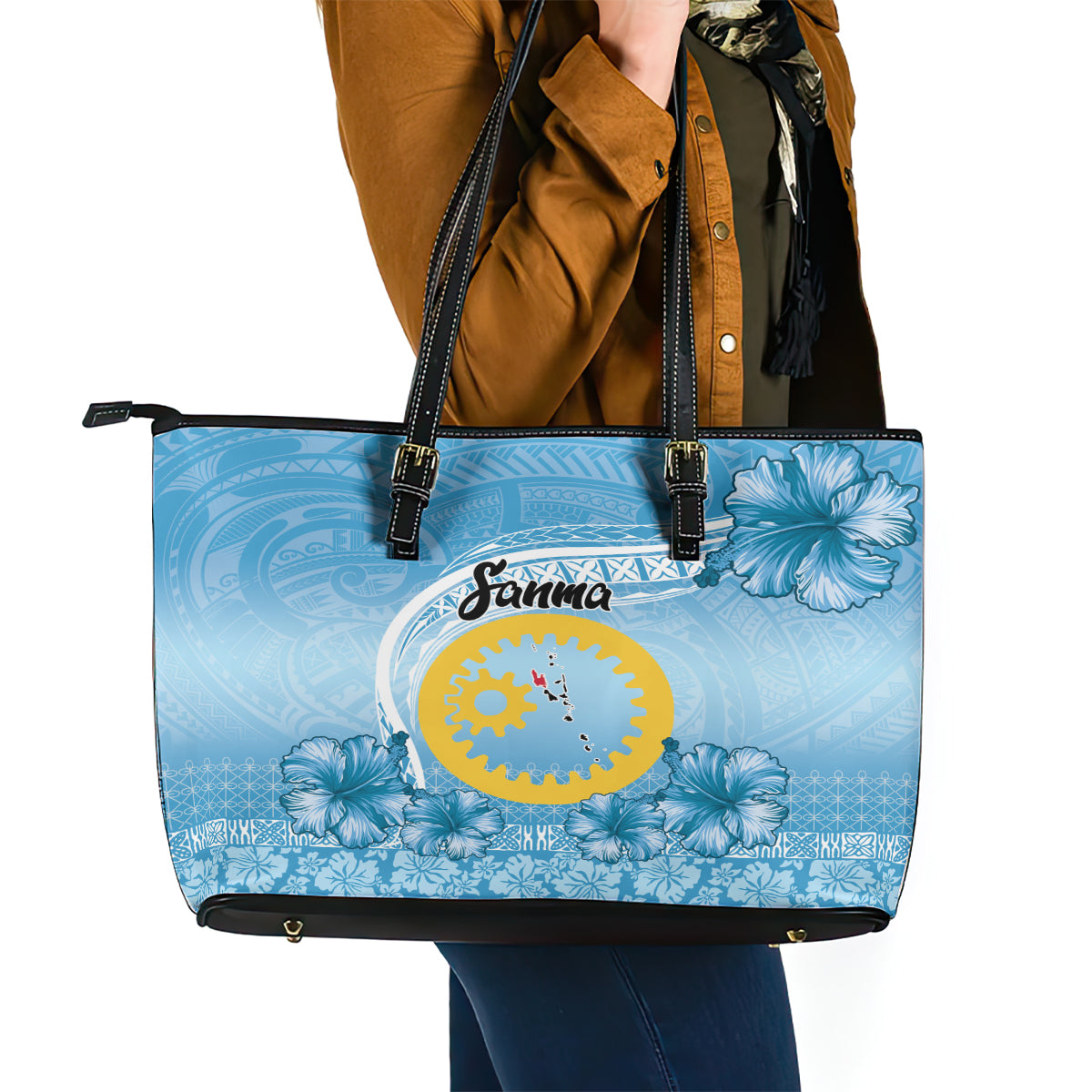 Sanma Vanuatu Leather Tote Bag Hibiscus Sand Drawing with Pacific Pattern LT9 - Polynesian Pride