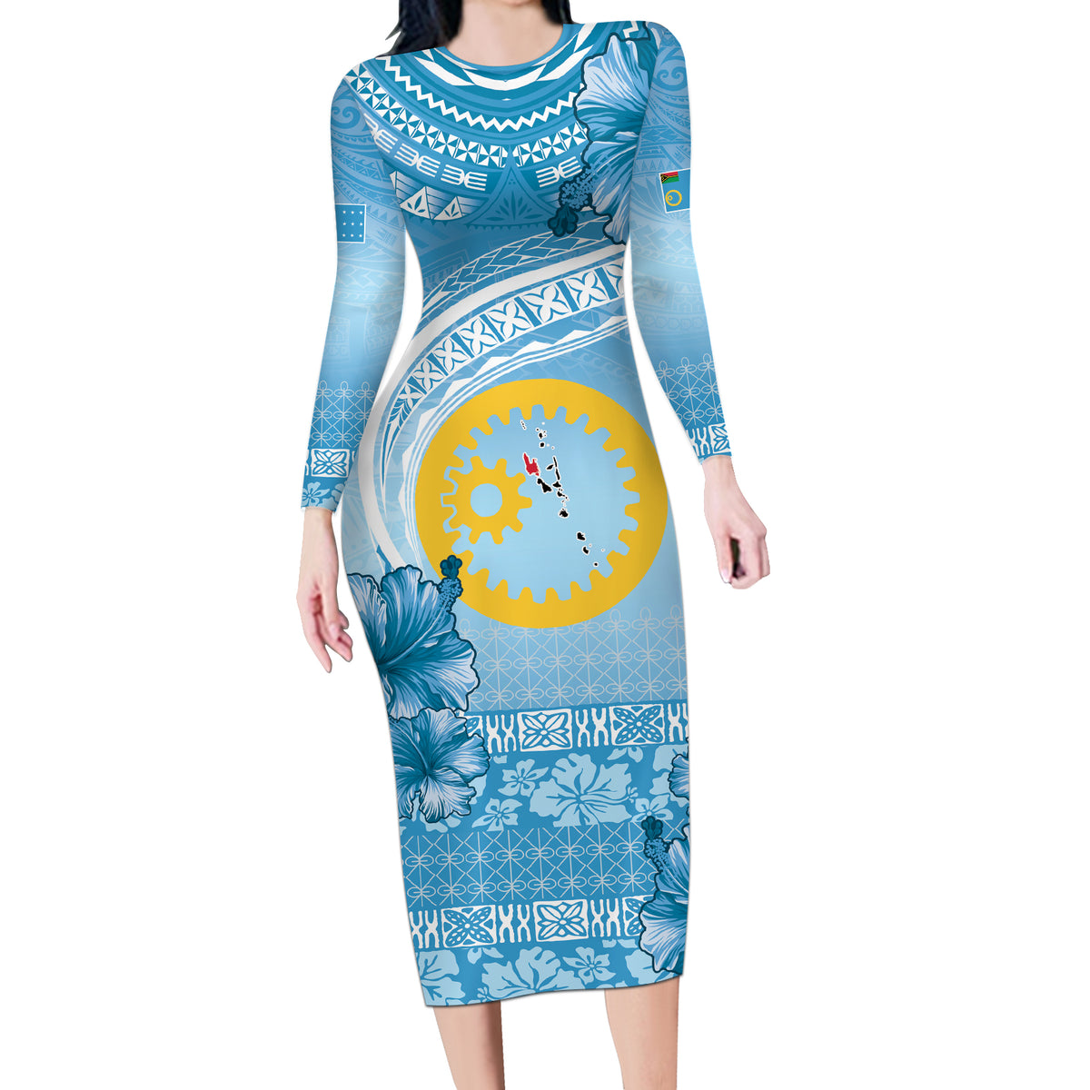 Sanma Vanuatu Long Sleeve Bodycon Dress Hibiscus Sand Drawing with Pacific Pattern