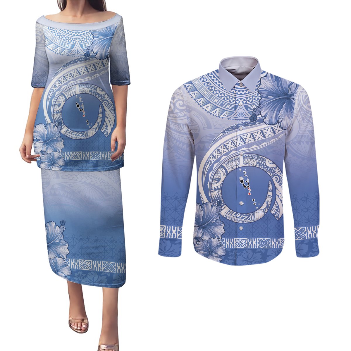 Shefa Vanuatu Couples Matching Puletasi and Long Sleeve Button Shirt Hibiscus Sand Drawing with Pacific Pattern LT9 Blue Art - Polynesian Pride