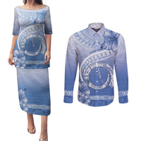 Shefa Vanuatu Couples Matching Puletasi and Long Sleeve Button Shirt Hibiscus Sand Drawing with Pacific Pattern LT9 Blue Art - Polynesian Pride