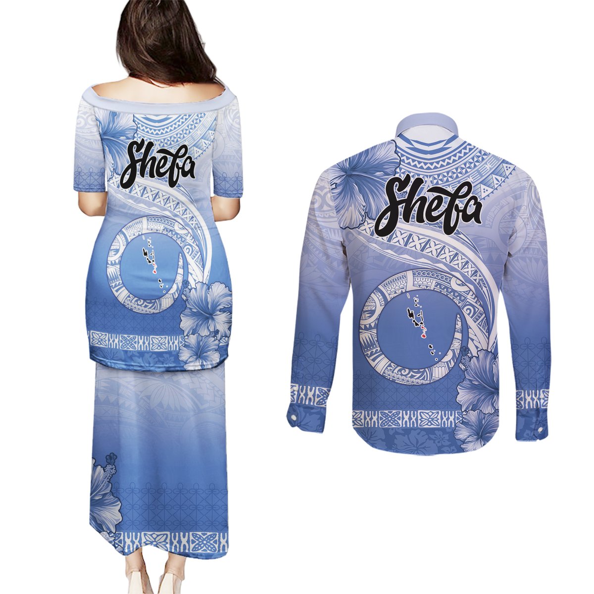 Shefa Vanuatu Couples Matching Puletasi and Long Sleeve Button Shirt Hibiscus Sand Drawing with Pacific Pattern LT9 - Polynesian Pride