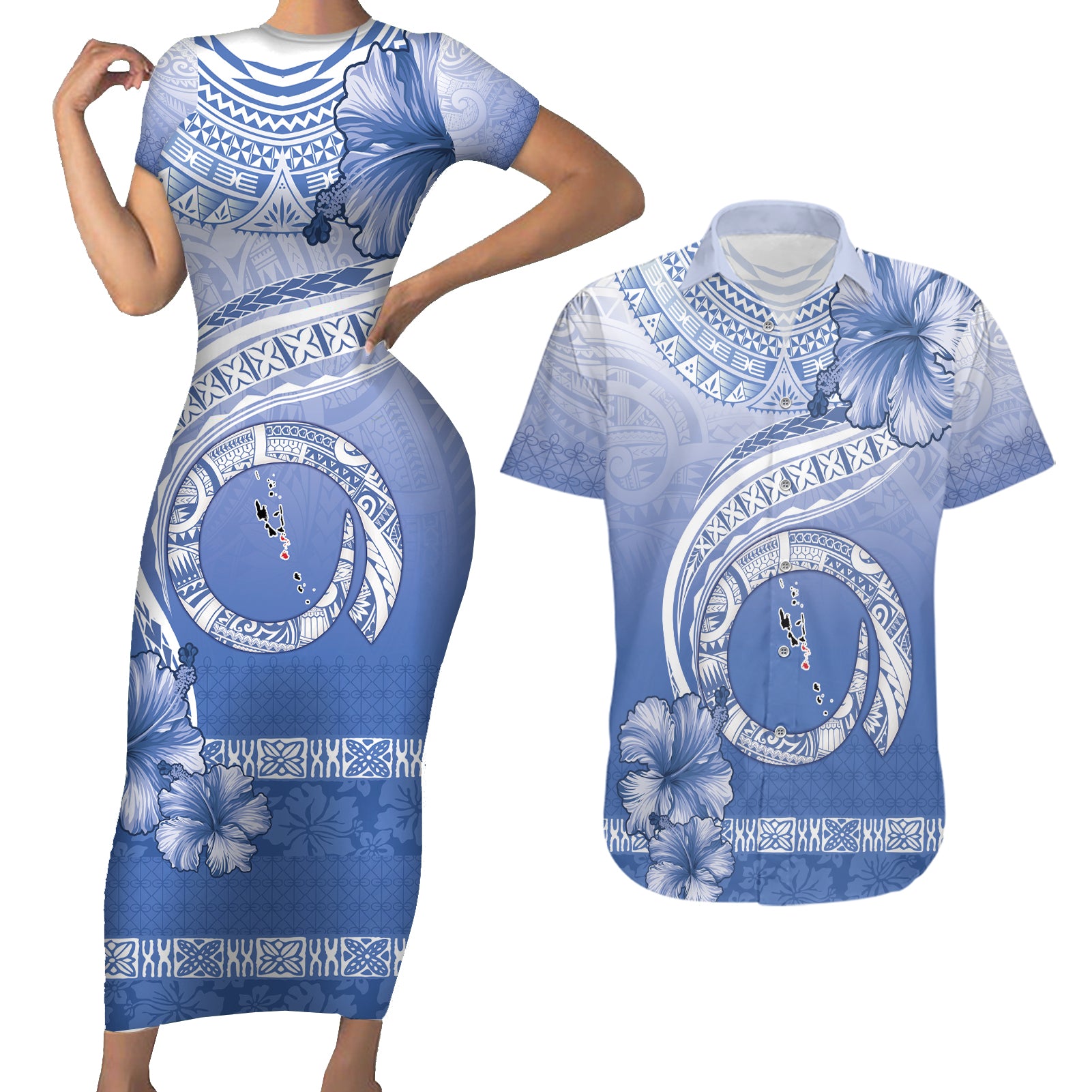 Shefa Vanuatu Couples Matching Short Sleeve Bodycon Dress and Hawaiian Shirt Hibiscus Sand Drawing with Pacific Pattern