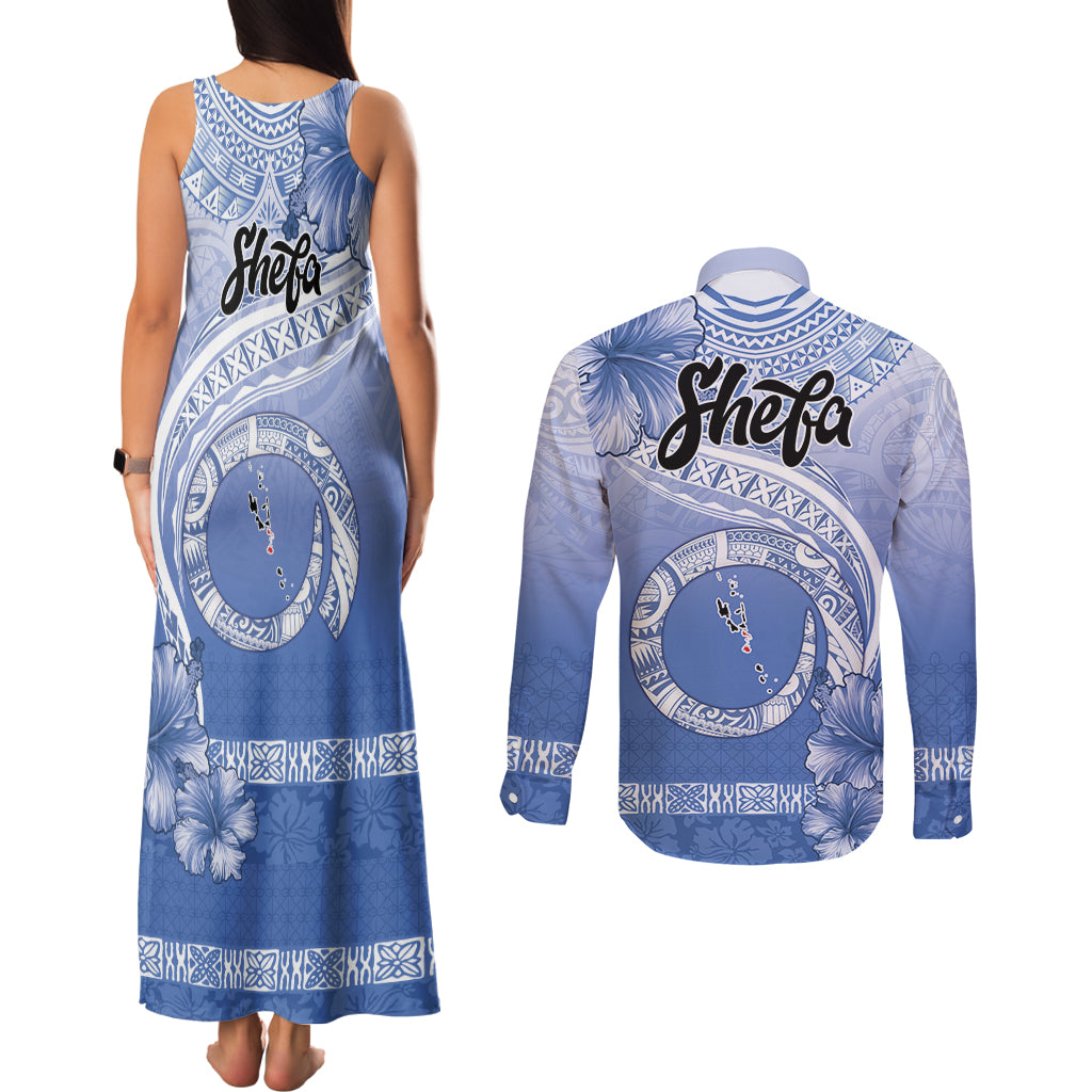 Shefa Vanuatu Couples Matching Tank Maxi Dress and Long Sleeve Button Shirt Hibiscus Sand Drawing with Pacific Pattern LT9 - Polynesian Pride
