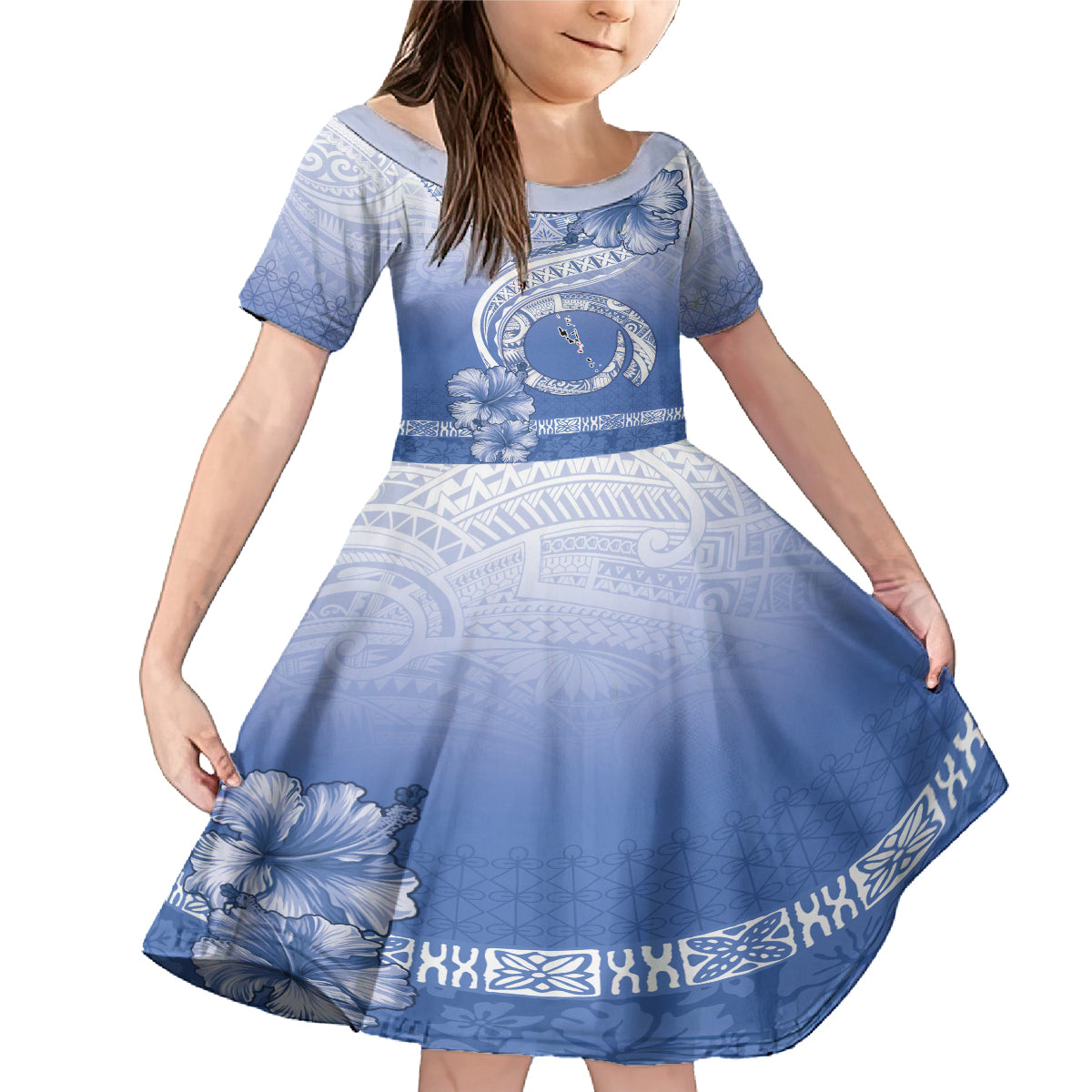 Shefa Vanuatu Family Matching Mermaid Dress and Hawaiian Shirt Hibiscus Sand Drawing with Pacific Pattern LT9 Daughter's Dress Blue Art - Polynesian Pride
