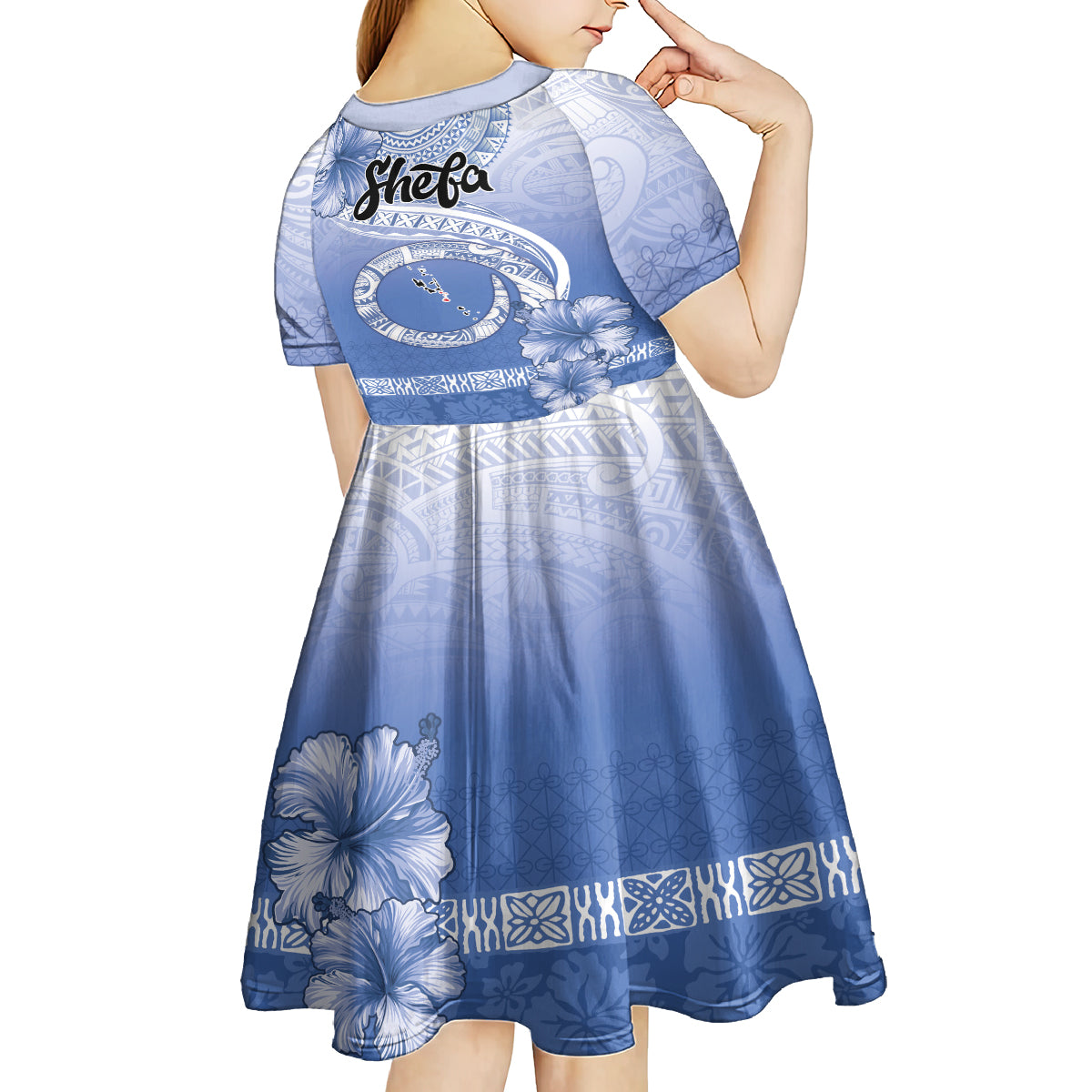 Shefa Vanuatu Kid Short Sleeve Dress Hibiscus Sand Drawing with Pacific Pattern
