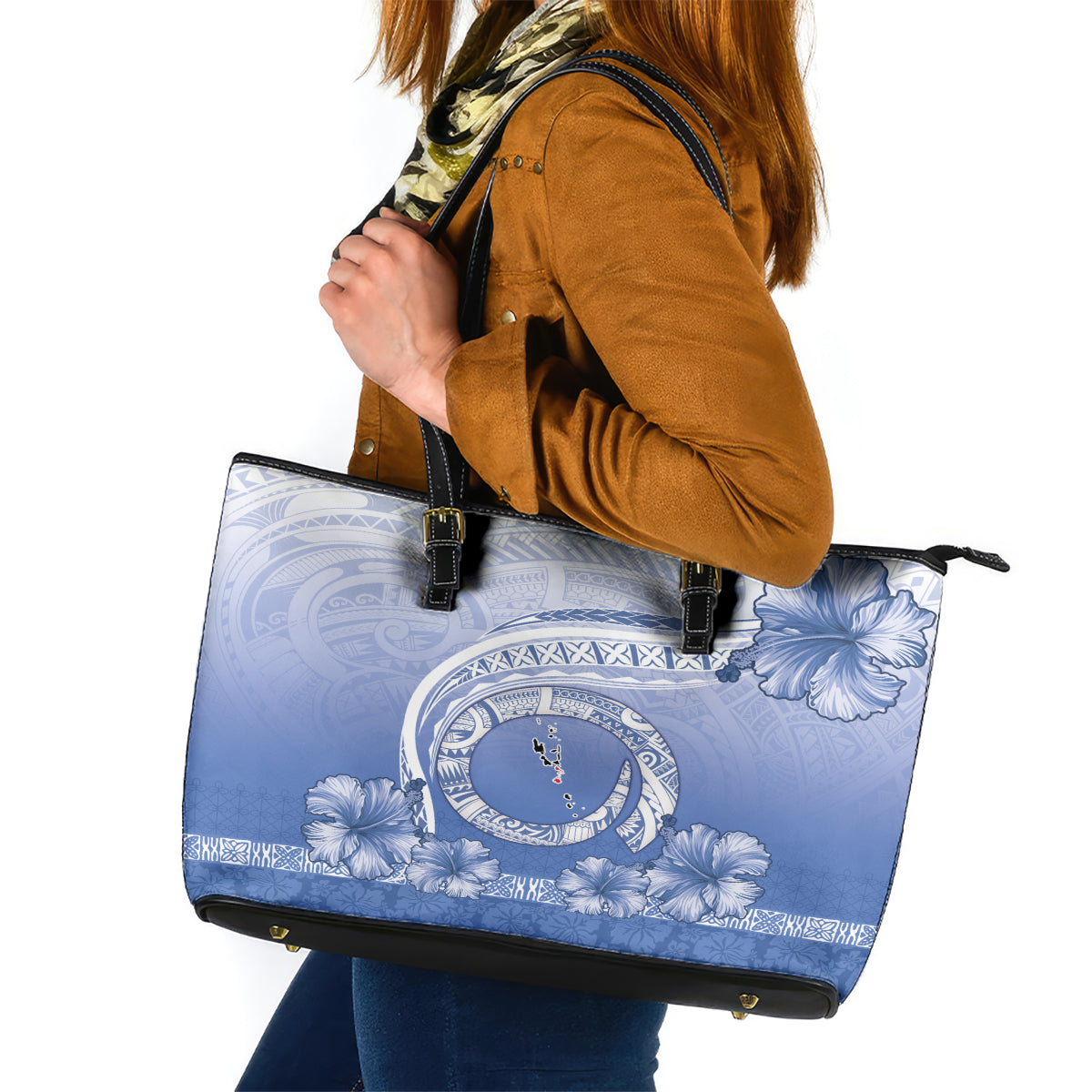 Shefa Vanuatu Leather Tote Bag Hibiscus Sand Drawing with Pacific Pattern LT9 Blue Art - Polynesian Pride