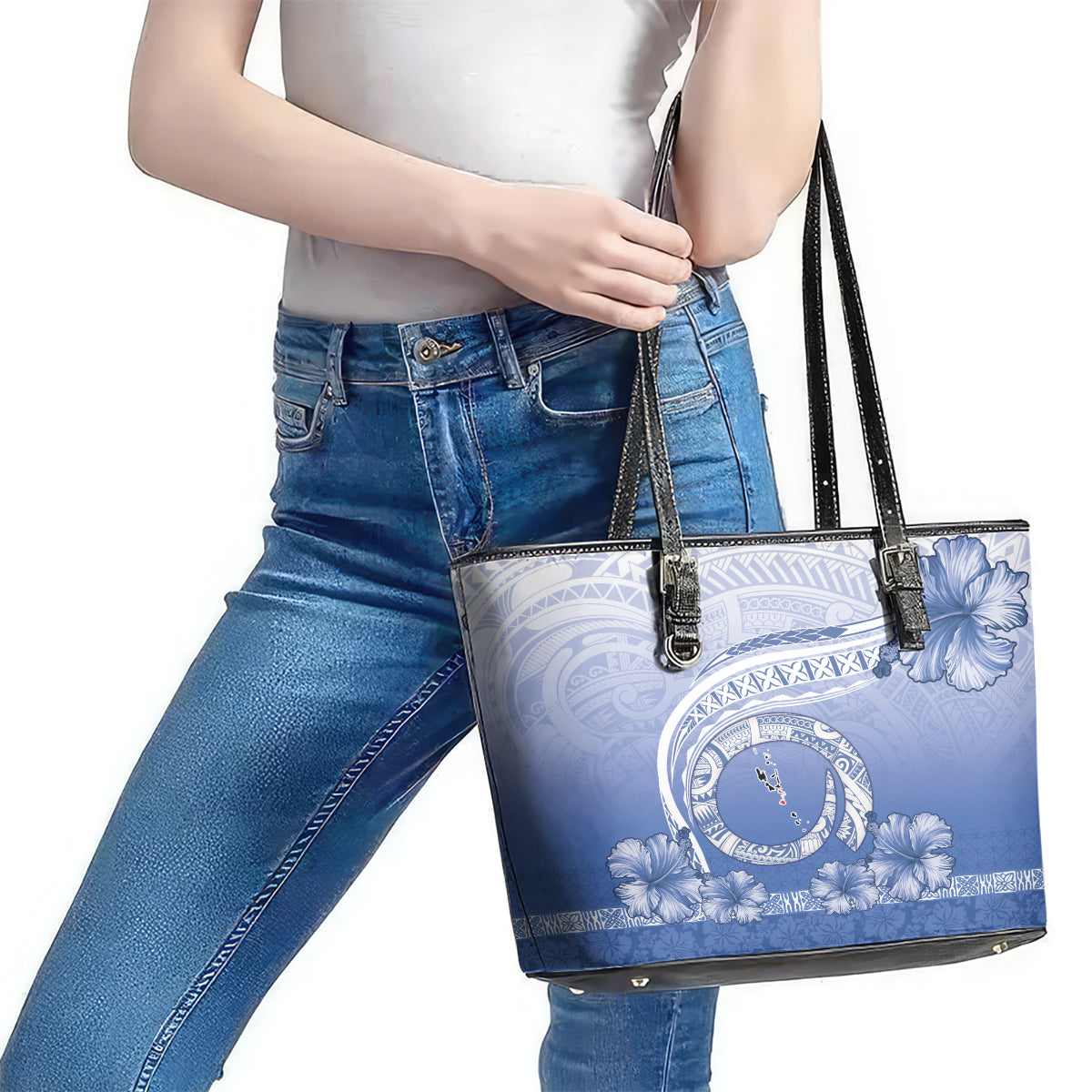 Shefa Vanuatu Leather Tote Bag Hibiscus Sand Drawing with Pacific Pattern LT9 - Polynesian Pride