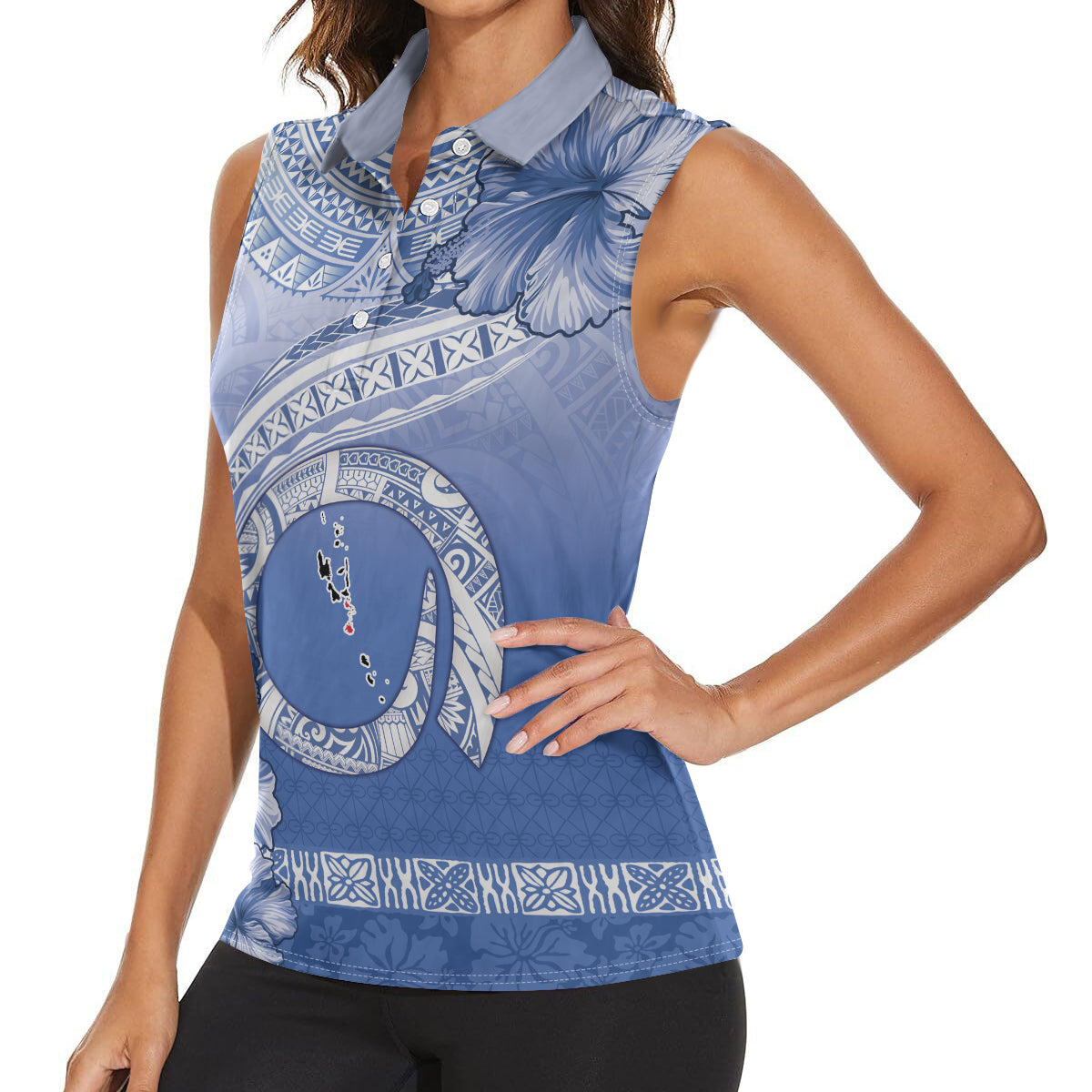 Shefa Vanuatu Women Sleeveless Polo Shirt Hibiscus Sand Drawing with Pacific Pattern LT9 - Polynesian Pride