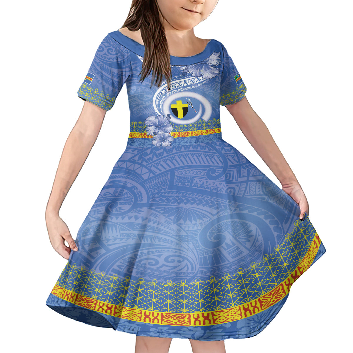 Tafea Vanuatu Family Matching Off Shoulder Maxi Dress and Hawaiian Shirt Hibiscus Sand Drawing with Pacific Pattern LT9 Daughter's Dress Blue Art - Polynesian Pride