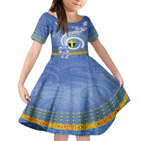 Tafea Vanuatu Family Matching Off Shoulder Maxi Dress and Hawaiian Shirt Hibiscus Sand Drawing with Pacific Pattern LT9 Daughter's Dress Blue Art - Polynesian Pride