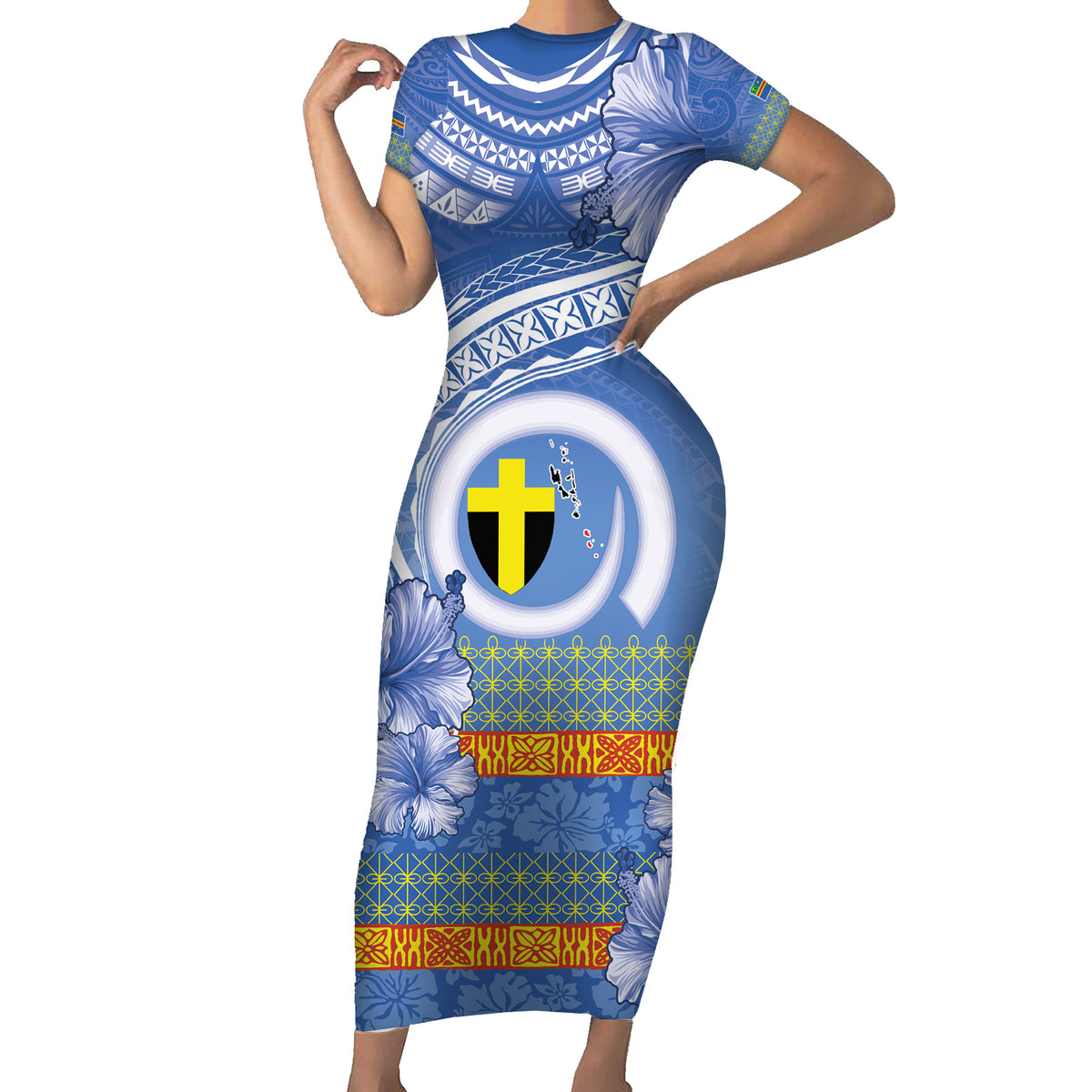 Tafea Vanuatu Family Matching Short Sleeve Bodycon Dress and Hawaiian Shirt Hibiscus Sand Drawing with Pacific Pattern LT9 Mom's Dress Blue Art - Polynesian Pride