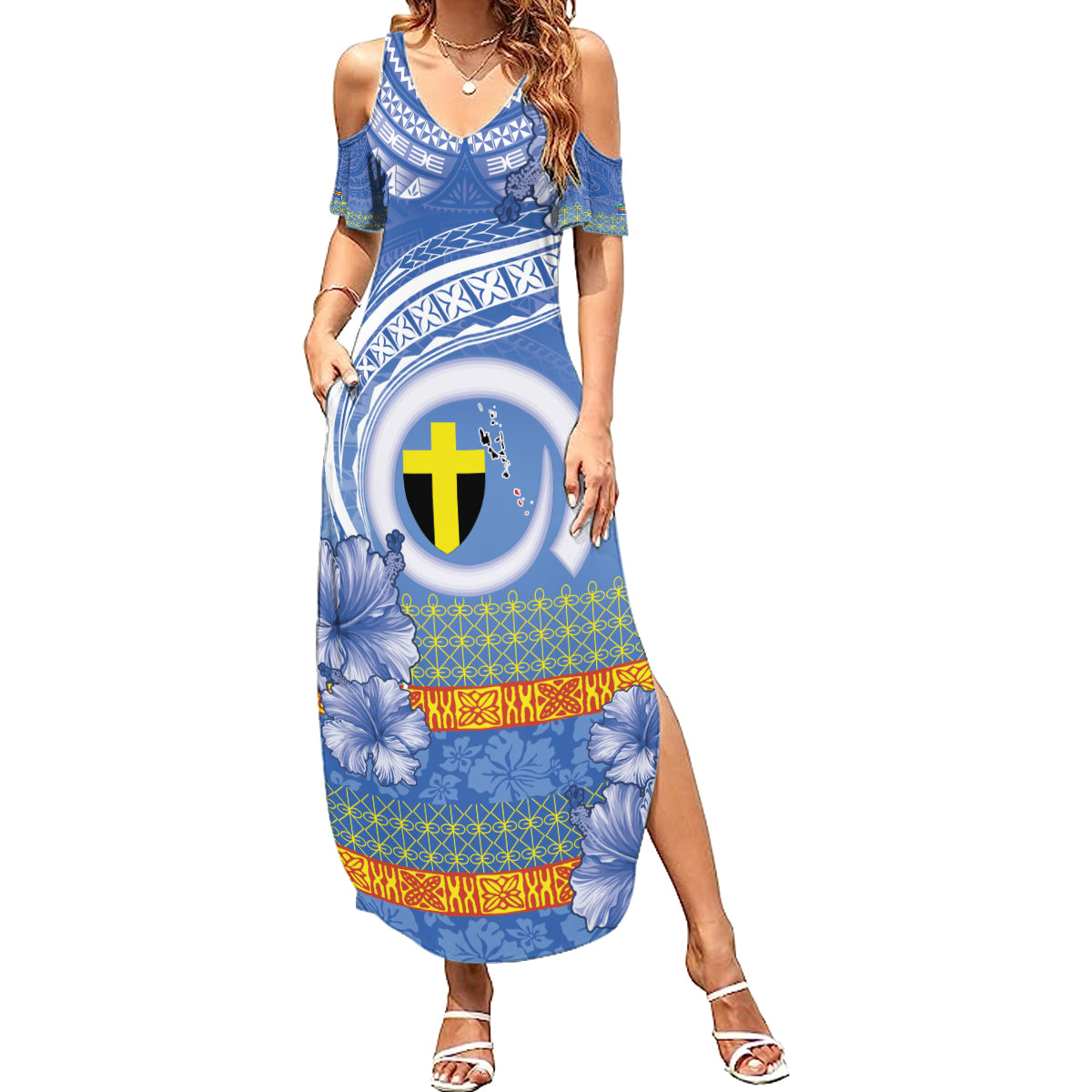 Tafea Vanuatu Family Matching Summer Maxi Dress and Hawaiian Shirt Hibiscus Sand Drawing with Pacific Pattern LT9 Mom's Dress Blue Art - Polynesian Pride