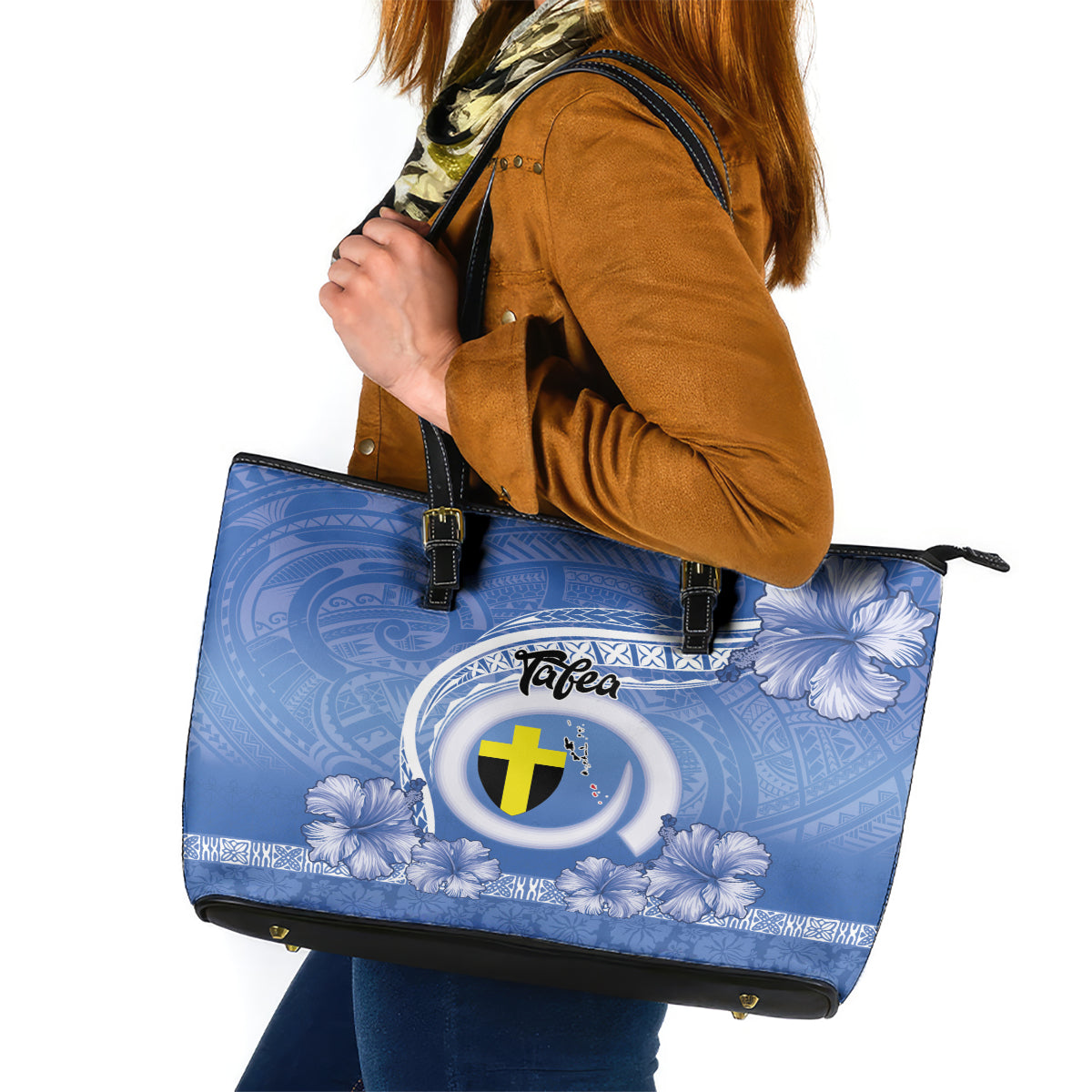 Tafea Vanuatu Leather Tote Bag Hibiscus Sand Drawing with Pacific Pattern LT9 Blue Art - Polynesian Pride