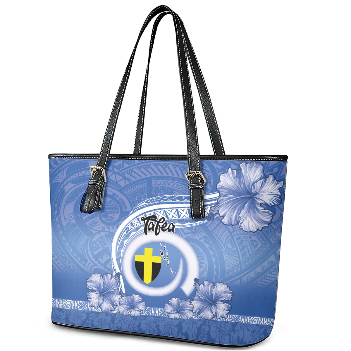 Tafea Vanuatu Leather Tote Bag Hibiscus Sand Drawing with Pacific Pattern LT9 - Polynesian Pride