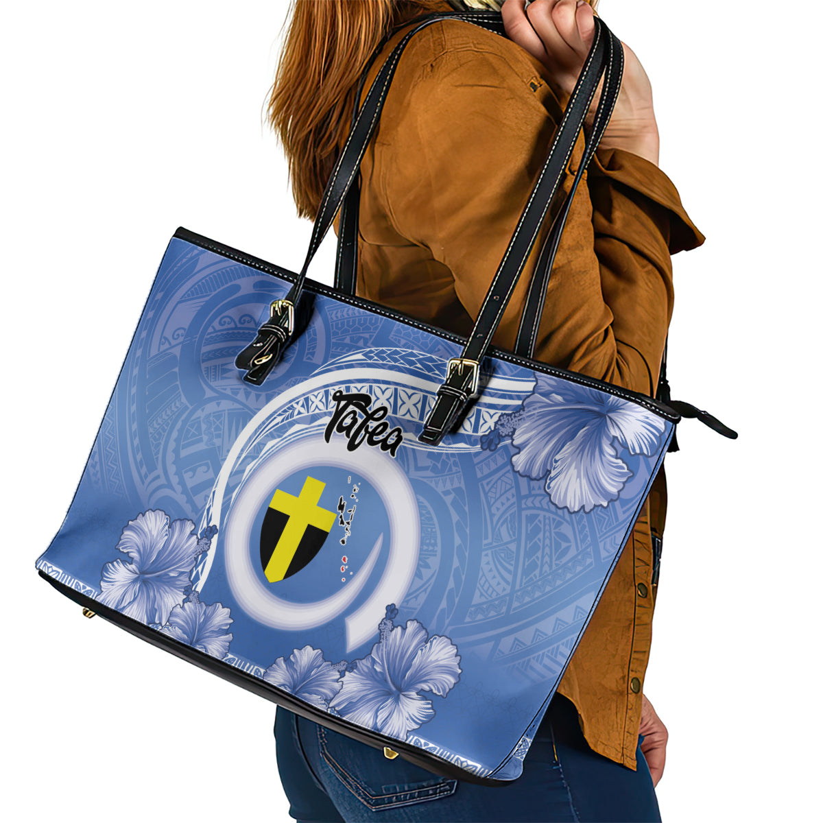 Tafea Vanuatu Leather Tote Bag Hibiscus Sand Drawing with Pacific Pattern LT9 - Polynesian Pride