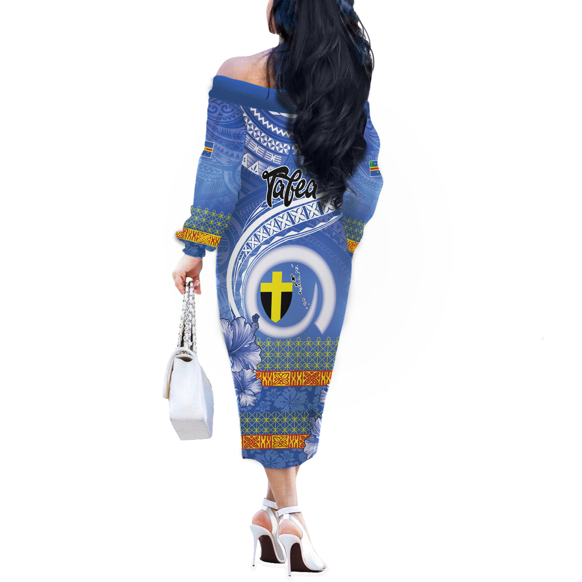 Tafea Vanuatu Off The Shoulder Long Sleeve Dress Hibiscus Sand Drawing with Pacific Pattern