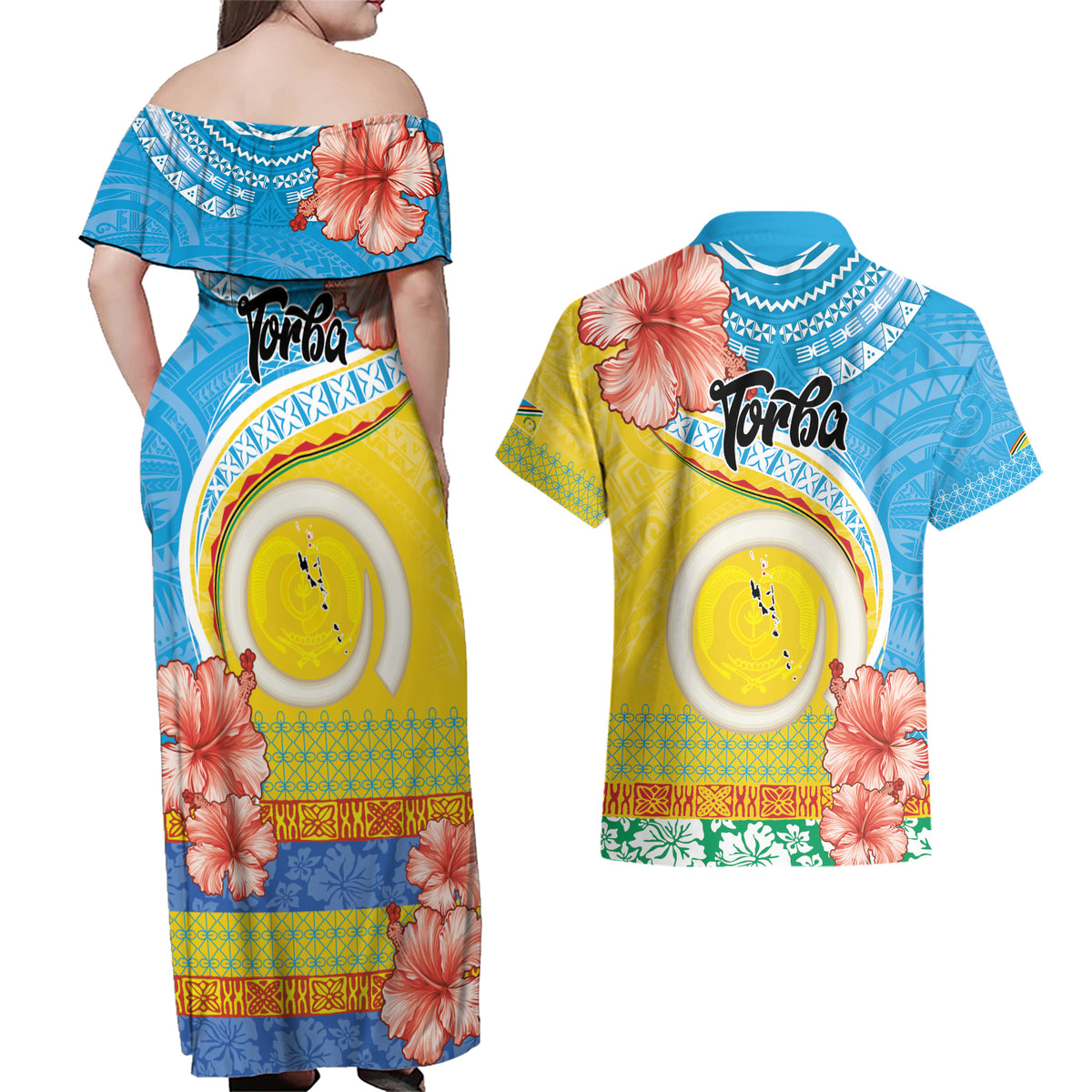 Torba Vanuatu Couples Matching Off Shoulder Maxi Dress and Hawaiian Shirt Hibiscus Sand Drawing with Pacific Pattern