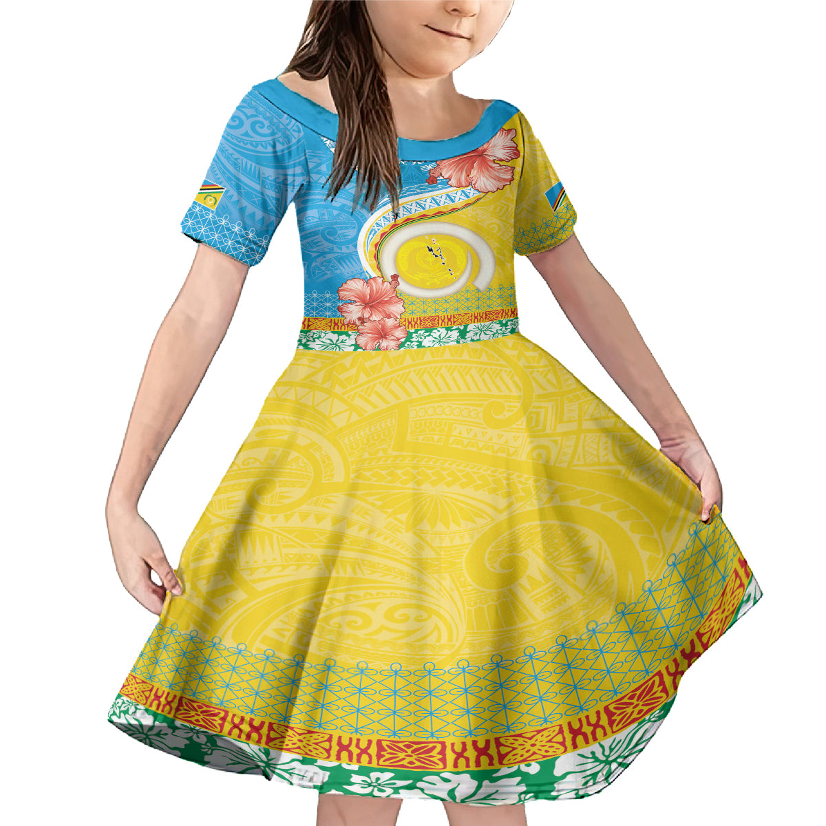 Torba Vanuatu Family Matching Mermaid Dress and Hawaiian Shirt Hibiscus Sand Drawing with Pacific Pattern LT9 Daughter's Dress Green Gold - Polynesian Pride