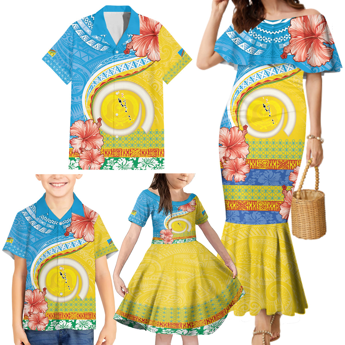 Torba Vanuatu Family Matching Mermaid Dress and Hawaiian Shirt Hibiscus Sand Drawing with Pacific Pattern LT9 - Polynesian Pride