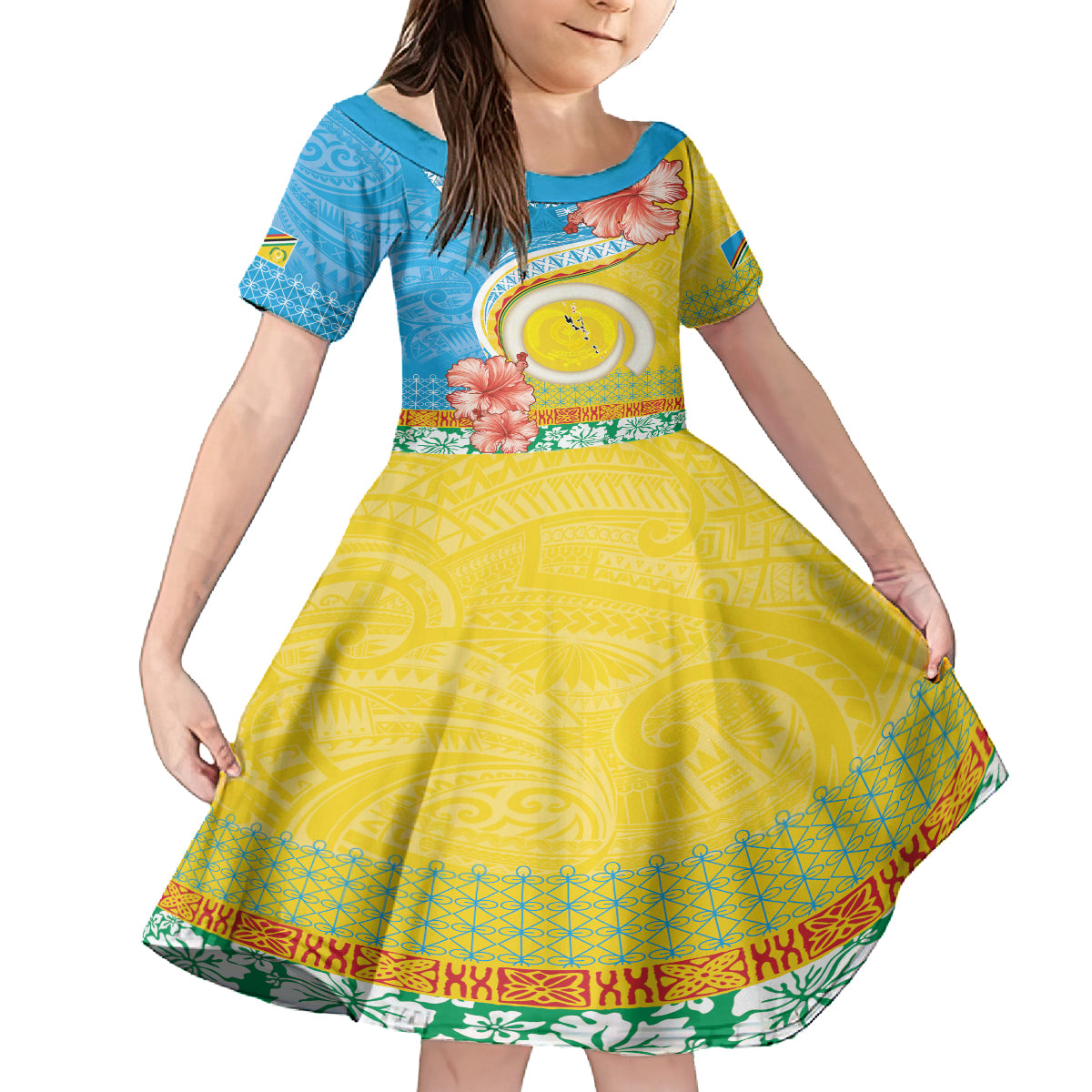 Torba Vanuatu Kid Short Sleeve Dress Hibiscus Sand Drawing with Pacific Pattern