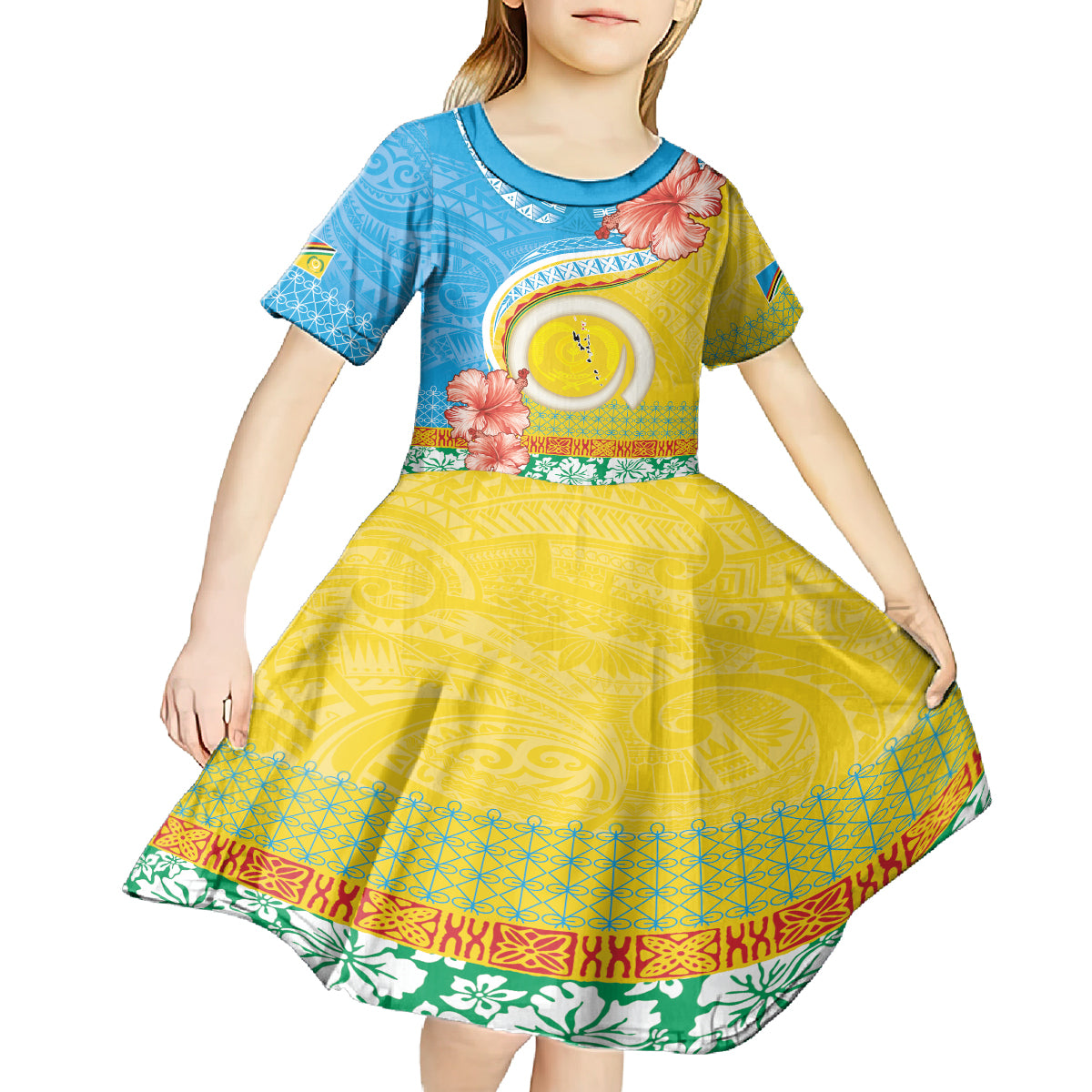 Torba Vanuatu Kid Short Sleeve Dress Hibiscus Sand Drawing with Pacific Pattern