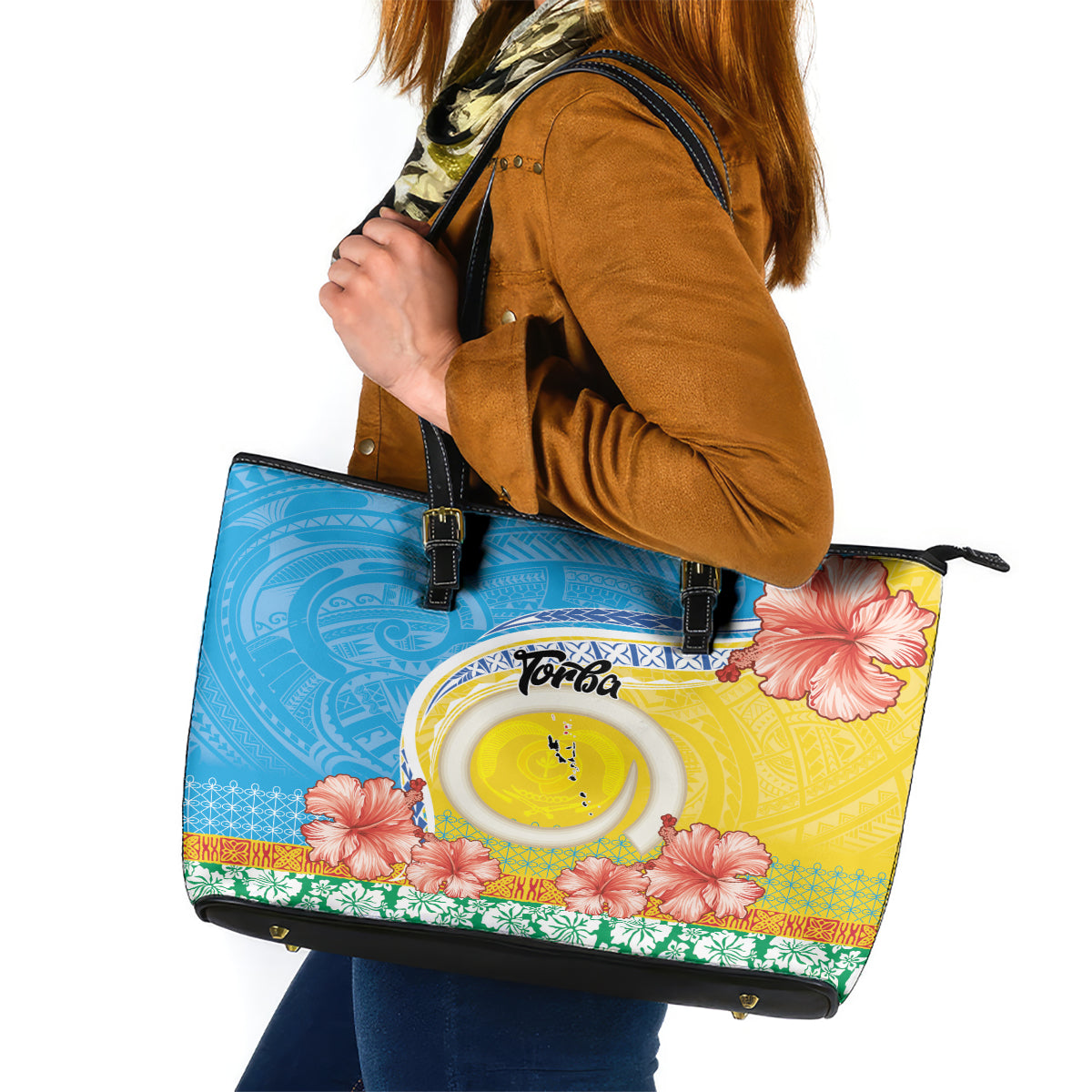 Torba Vanuatu Leather Tote Bag Hibiscus Sand Drawing with Pacific Pattern LT9 Green Gold - Polynesian Pride
