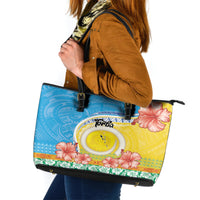 Torba Vanuatu Leather Tote Bag Hibiscus Sand Drawing with Pacific Pattern LT9 Green Gold - Polynesian Pride