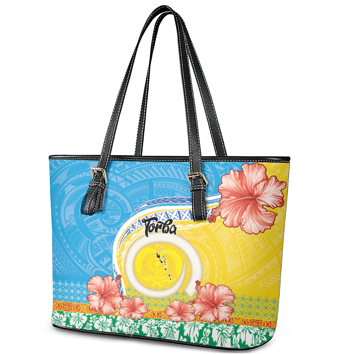 Torba Vanuatu Leather Tote Bag Hibiscus Sand Drawing with Pacific Pattern LT9 - Polynesian Pride