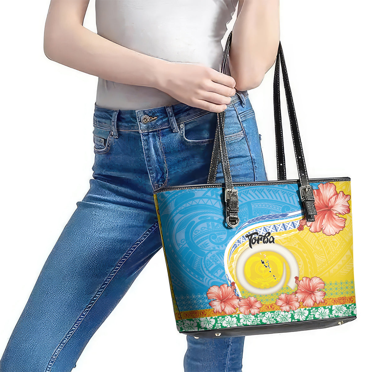 Torba Vanuatu Leather Tote Bag Hibiscus Sand Drawing with Pacific Pattern LT9 - Polynesian Pride