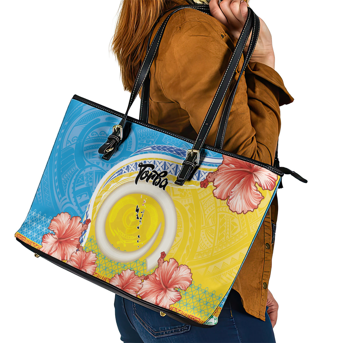 Torba Vanuatu Leather Tote Bag Hibiscus Sand Drawing with Pacific Pattern LT9 - Polynesian Pride
