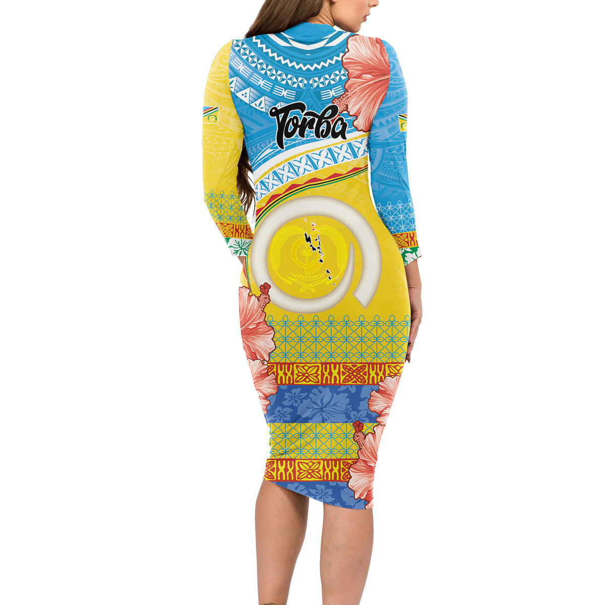 Torba Vanuatu Long Sleeve Bodycon Dress Hibiscus Sand Drawing with Pacific Pattern