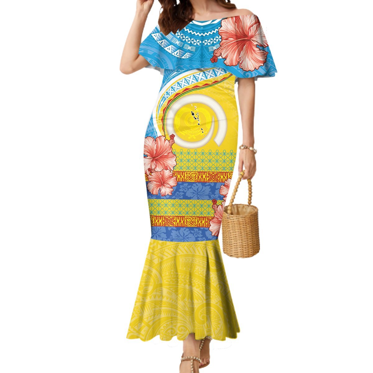Torba Vanuatu Mermaid Dress Hibiscus Sand Drawing with Pacific Pattern LT9 Women Green Gold - Polynesian Pride