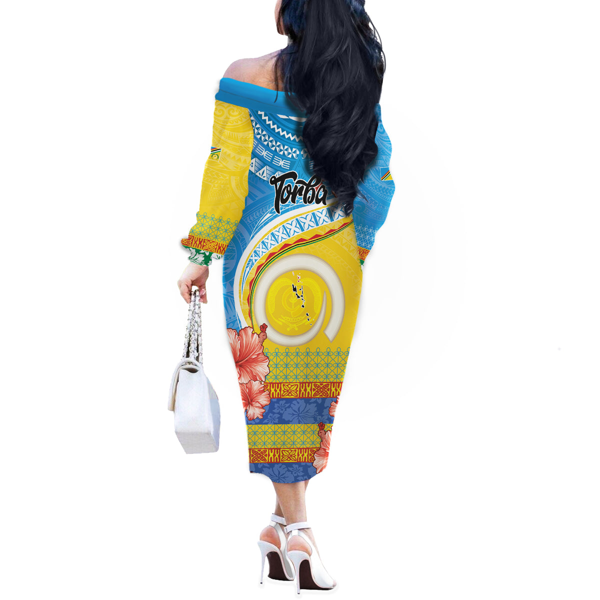 Torba Vanuatu Off The Shoulder Long Sleeve Dress Hibiscus Sand Drawing with Pacific Pattern