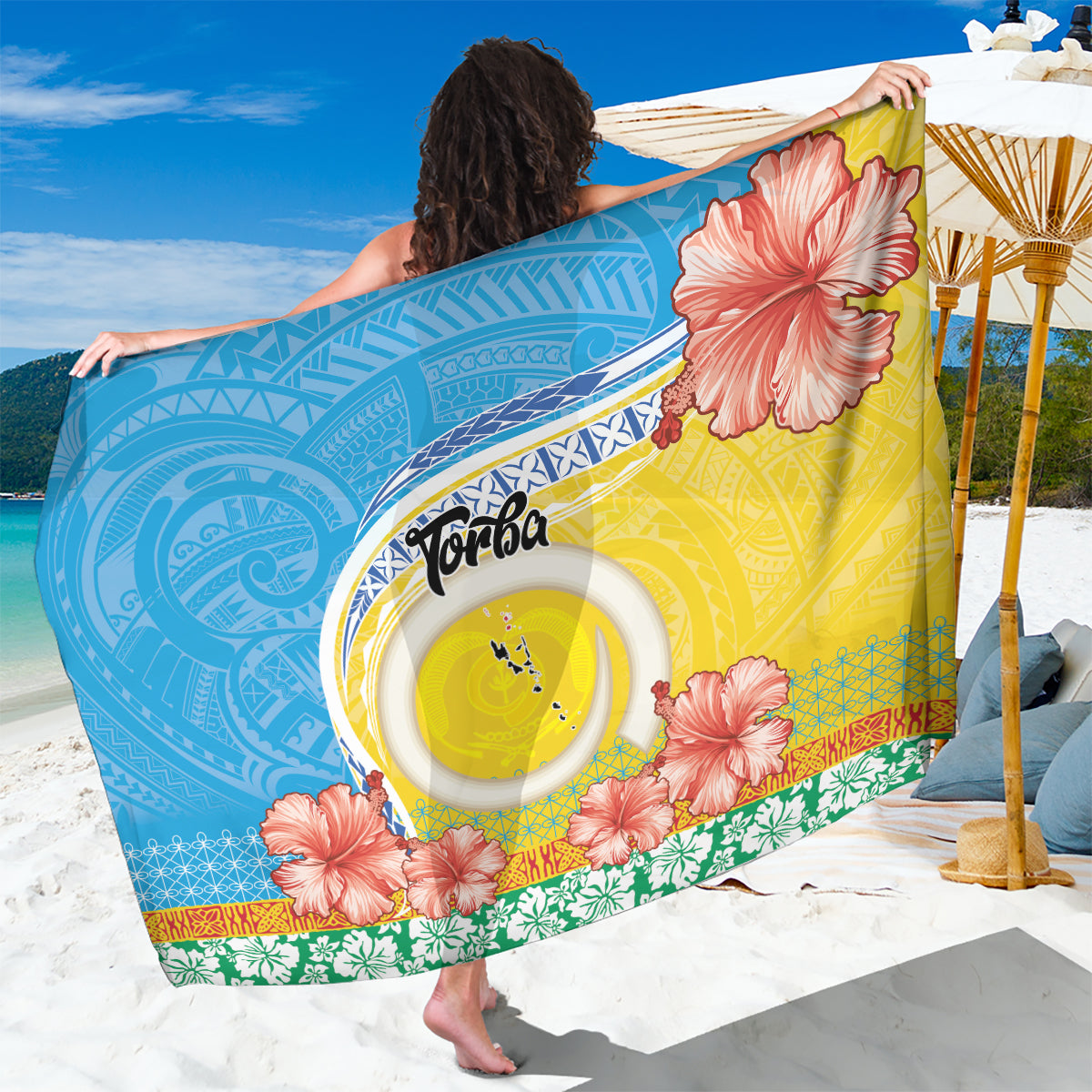 Torba Vanuatu Sarong Hibiscus Sand Drawing with Pacific Pattern