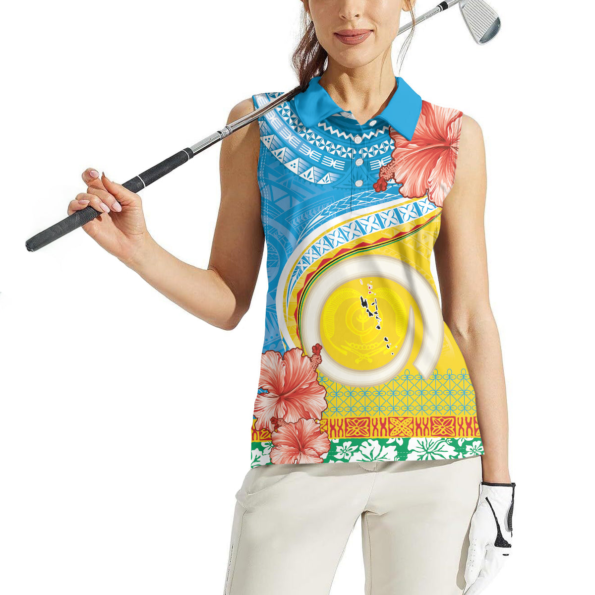 Torba Vanuatu Women Sleeveless Polo Shirt Hibiscus Sand Drawing with Pacific Pattern LT9 - Polynesian Pride