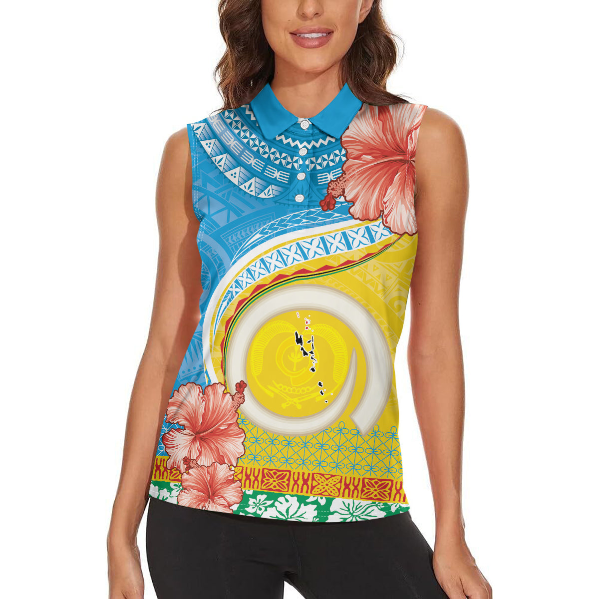 Torba Vanuatu Women Sleeveless Polo Shirt Hibiscus Sand Drawing with Pacific Pattern LT9 - Polynesian Pride