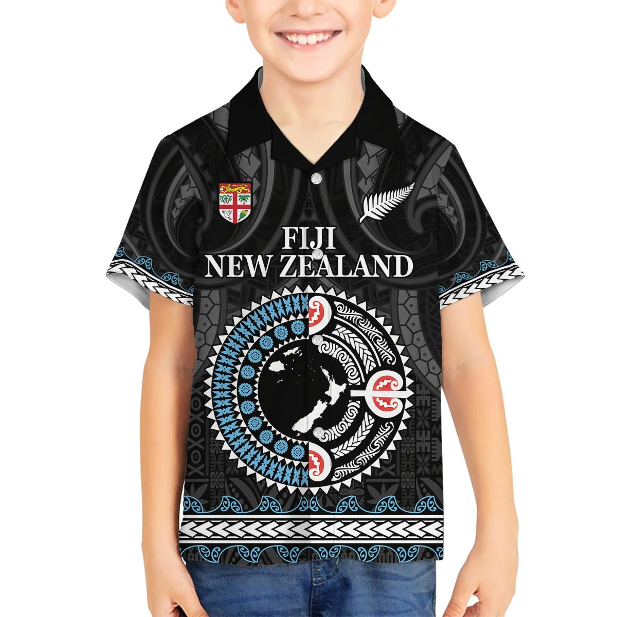 Custom Fiji and New Zealand Family Matching Puletasi and Hawaiian Shirt Maori Fern Mix Tapa Tribal Unique LT9 Son's Shirt Black - Polynesian Pride