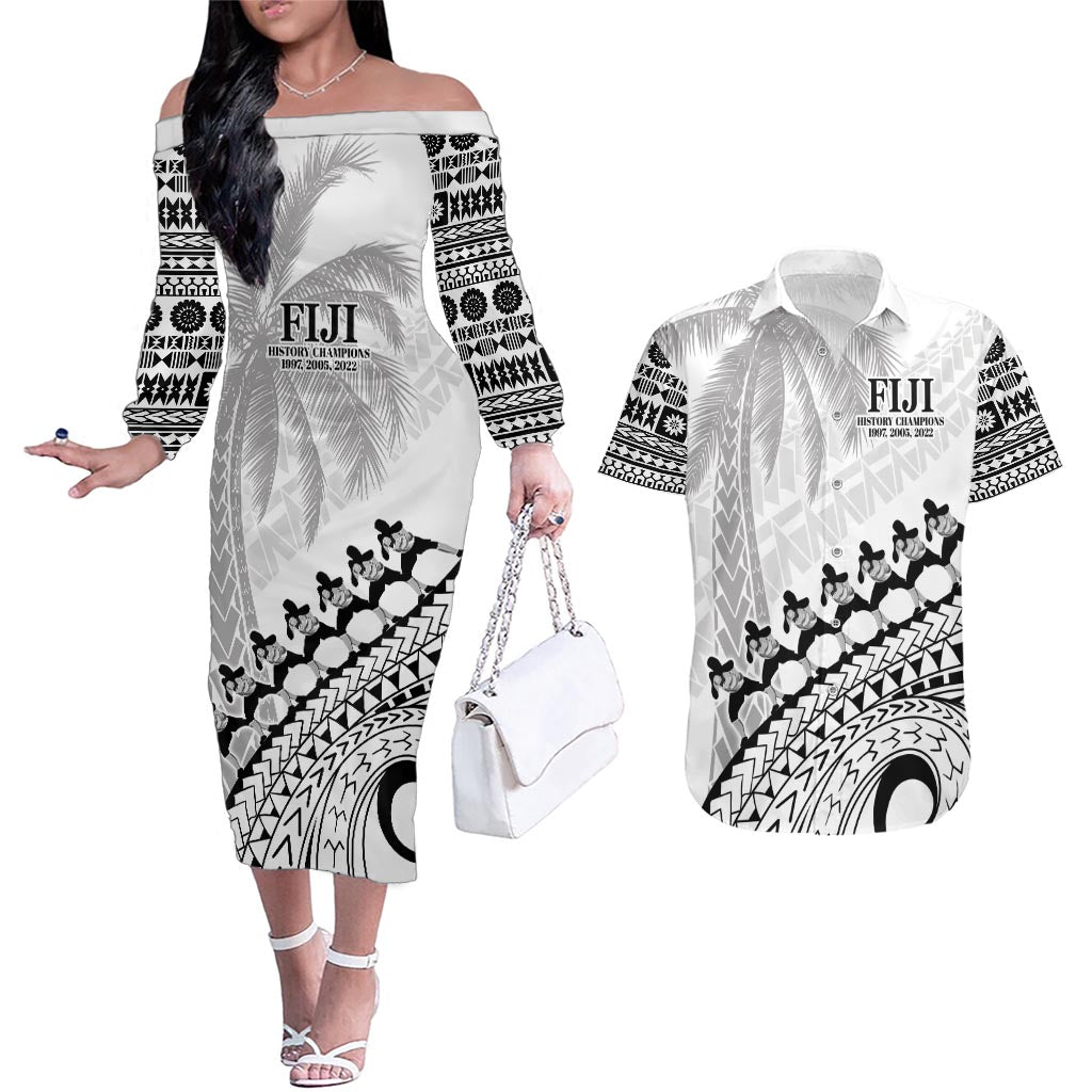 Custom Fiji Rugby Cibi Dance Couples Matching Off The Shoulder Long Sleeve Dress and Hawaiian Shirt Create History World Cup Sevens