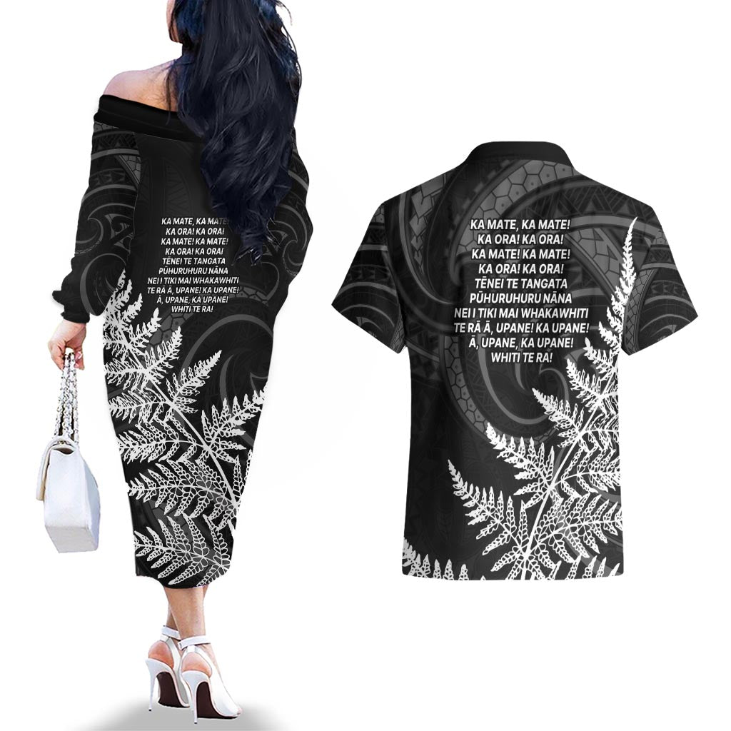 New Zealand Black Fern 7s Couples Matching Off The Shoulder Long Sleeve Dress and Hawaiian Shirt History World Cup Sevens LT9 - Polynesian Pride