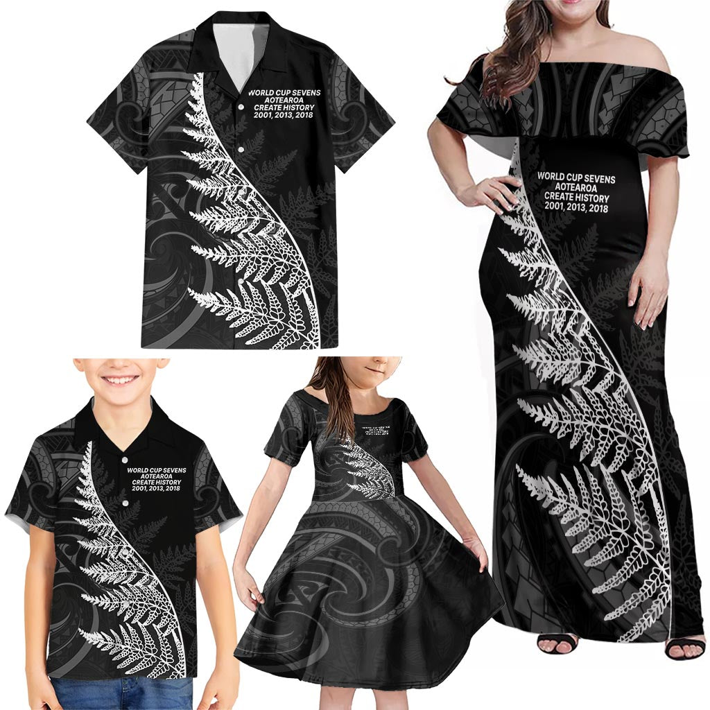 New Zealand Black Fern 7s Family Matching Off Shoulder Maxi Dress and Hawaiian Shirt History World Cup Sevens LT9 - Polynesian Pride