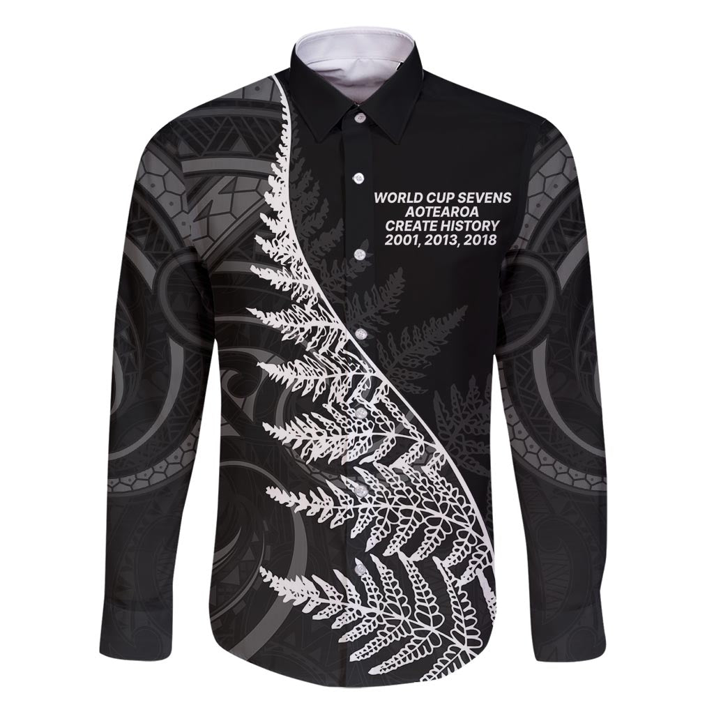 New Zealand Black Fern 7s Family Matching Off Shoulder Maxi Dress and Hawaiian Shirt History World Cup Sevens LT9 Dad's Shirt - Long Sleeve Black - Polynesian Pride