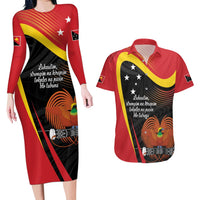 Personalised Papua Niugini Tok Pisin Wik Couples Matching Long Sleeve Bodycon Dress and Hawaiian Shirt LT9 Red - Polynesian Pride